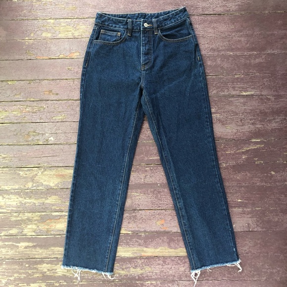 J Galt Brandy Melville Jeans High Rise Straight Leg Crop Dark Wash Raw Hems - Picture 1 of 12